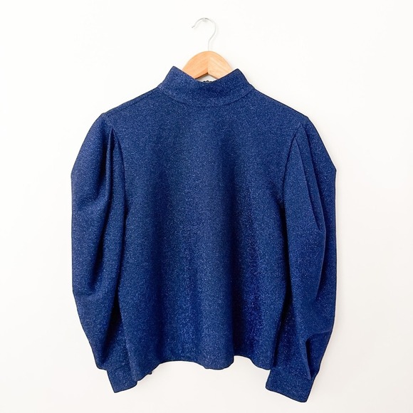 PatBO Womens Mock Neck Puff Sleeve Lurex Top Metallic Blue Size Small Glitter - Picture 2 of 10